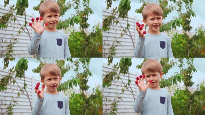 快乐的孩子4岁手牵手指，在后院吃覆盆子