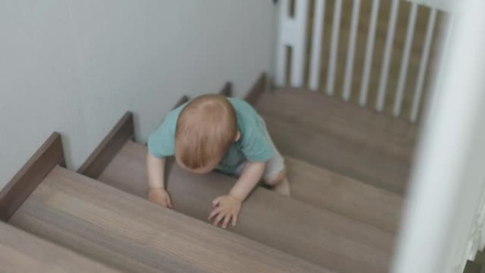 婴儿蹒跚学步的男孩爬楼在家室内学习爬楼梯