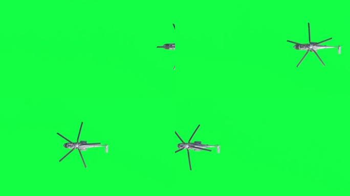 军用直升机飞行，绿屏上孤立的俯视图，4k视频元素