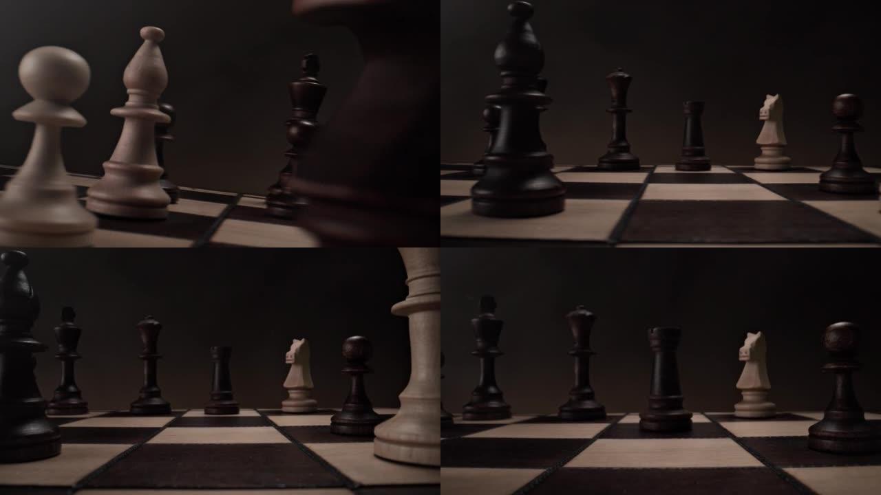 下棋: 棋盘与白色主教通过相机和黑色的Rook在慢动作中垂直移动-从典当的角度看