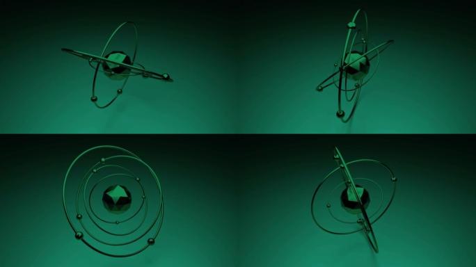 原子模型的抽象可视化。设计。在梯度深绿色背景上原子的抽象孔雀石颜色光泽模型中电子的运动图形。