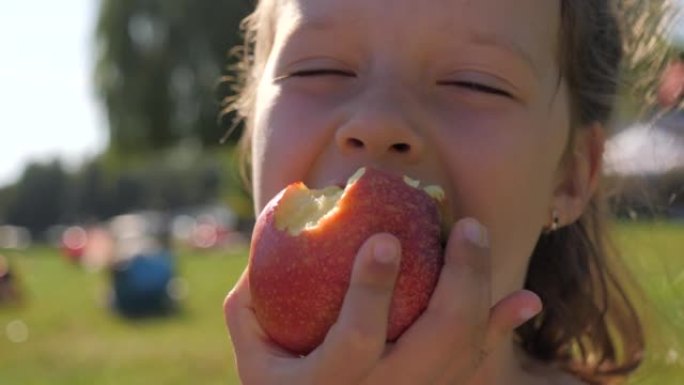 大自然野餐上的小女孩吃一口苹果享受美味的水果