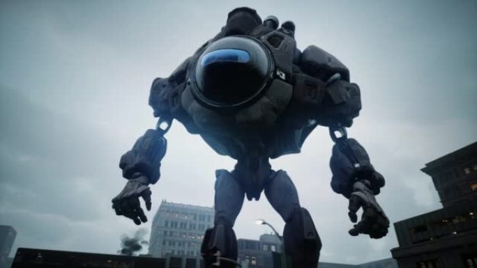 一艘机器人驱逐舰袭击了一个和平的大都市。外星机器人入侵的世界末日气氛。入侵的概念。动画非常适合世界末