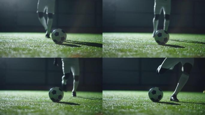 足球运动员在室内足球场上踢球，在草地和男性腿上慢动作射门