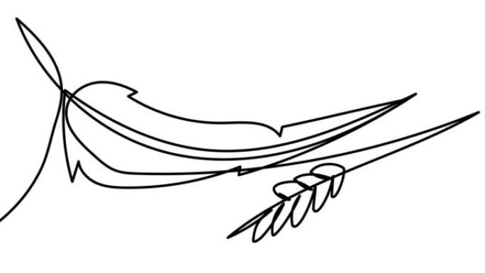 在白色屏幕上自绘制一条带有一条线的鸟羽毛和尖刺。