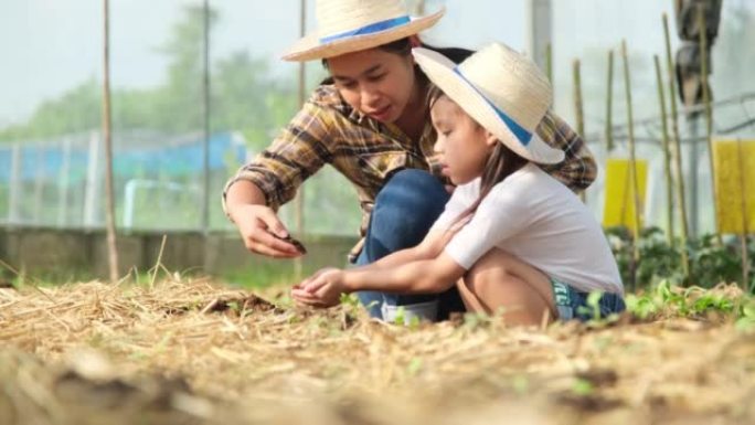 戴着草帽的年轻母亲正在后院教女儿照顾蔬菜。小女孩在花园里帮助她的母亲，一个小园丁。