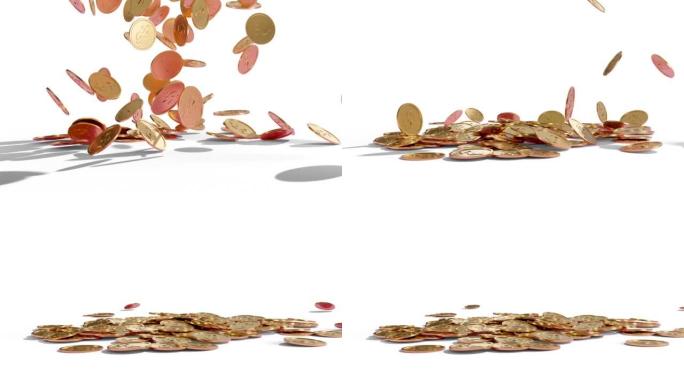 3d动画爆炸金币与美元符号掉落在地板白色背景。