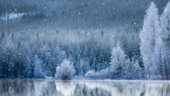 宁静的冬季景观，在暴风雪中结冰的湖泊