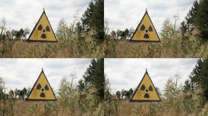 禁止红森林附近的辐射标志。乌克兰切尔诺贝利禁区附近核电站附近的放射性危险迹象