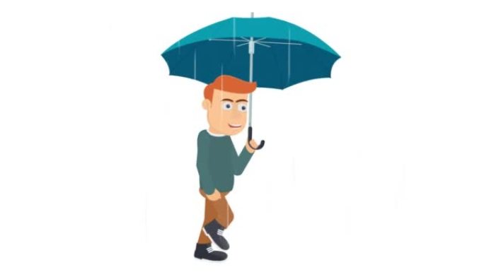 带伞的人。雨中男人的动画。卡通