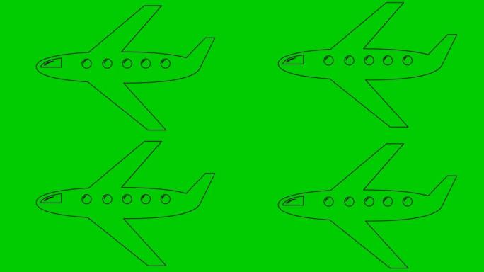 动画黑线飞机飞过天空。旅行的概念。循环视频。孤立在绿色背景上的平面矢量插图。