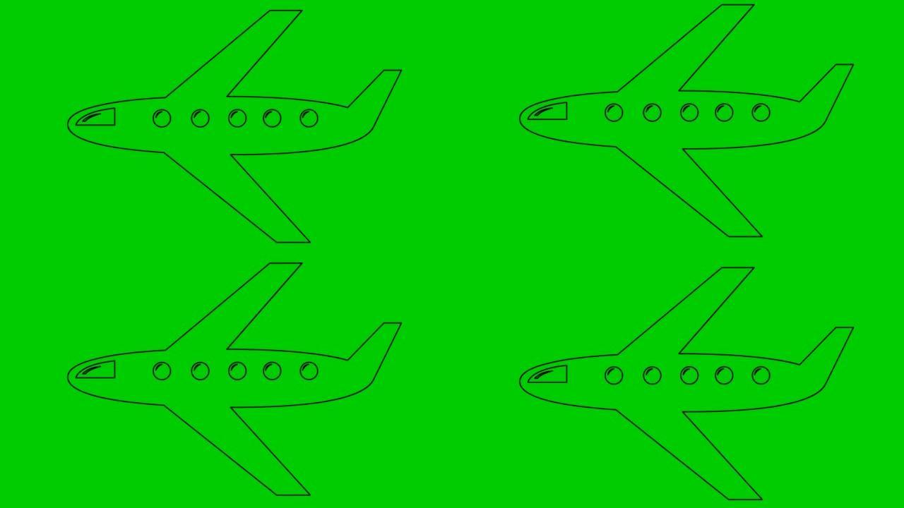 动画黑线飞机飞过天空。旅行的概念。循环视频。孤立在绿色背景上的平面矢量插图。