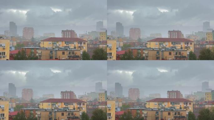 雨中的地拉那市和戏剧性的天空