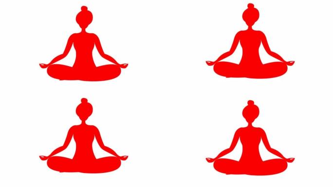 动画女孩正坐在莲花位置做瑜伽。红色符号。女孩沉思。瑜伽的现代平面设计理念。女人在空中飞升。白色背景上