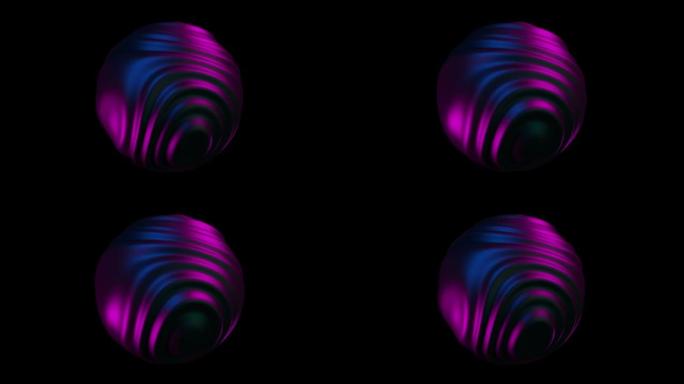 带有蓝色紫色光的液体球体3d动画。抽象变形球。全高清无缝循环动画。液体全息背景
