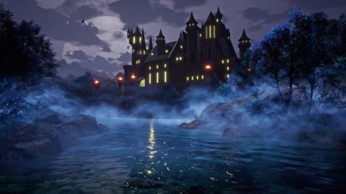 一座神秘的城堡笼罩在薄雾中，被夜月的光芒照亮。背景4k