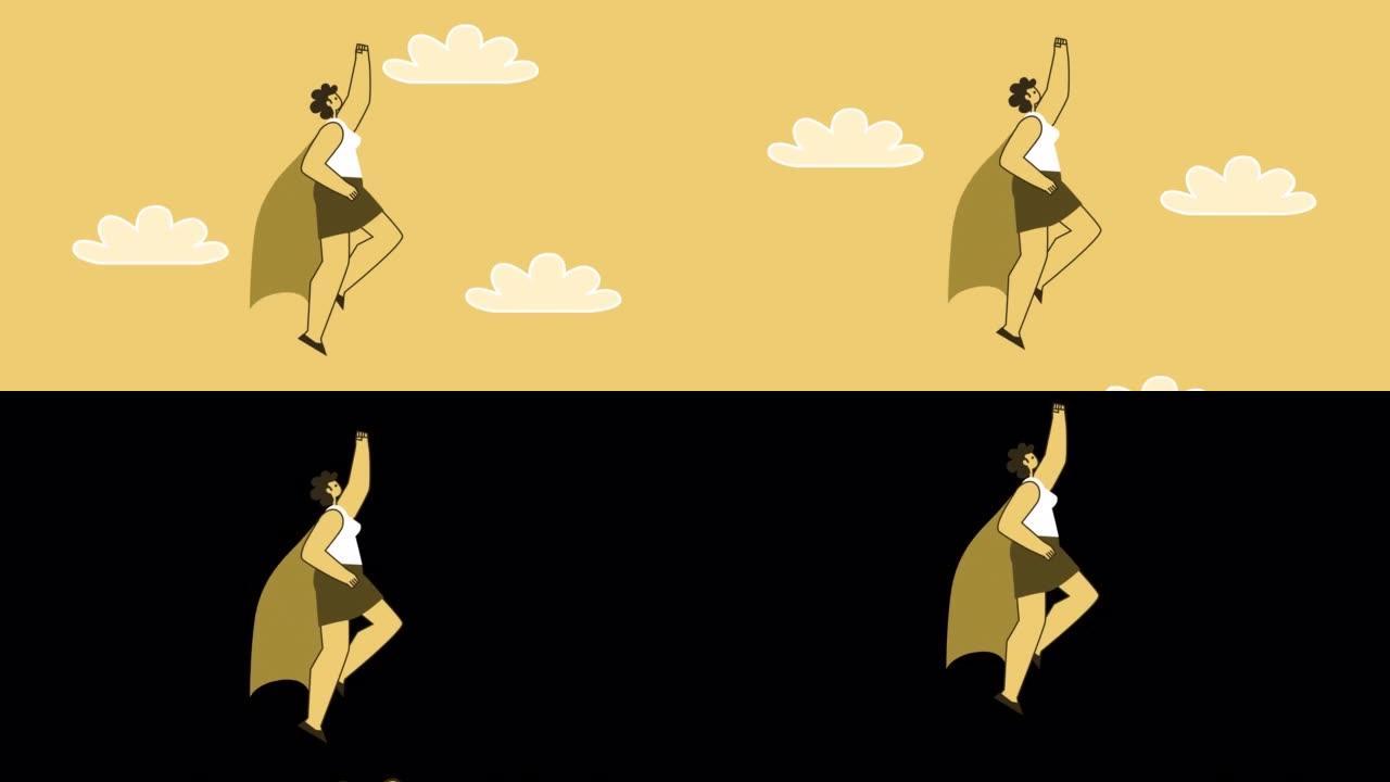黄色风格的女人扁平角色超级英雄飞出智能手机。带有Alpha通道的孤立动画