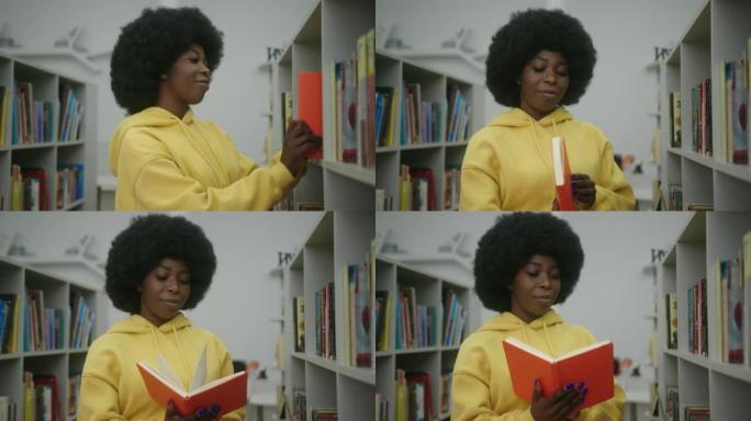 女人从书架上拿红色封面的书阅读内容