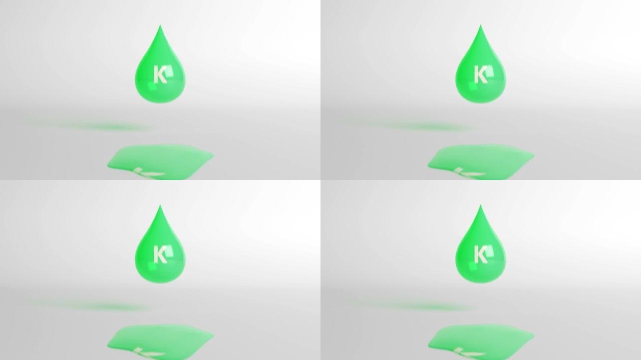 下降和融化霓虹灯绿色维生素k作为一滴。循环3D背景