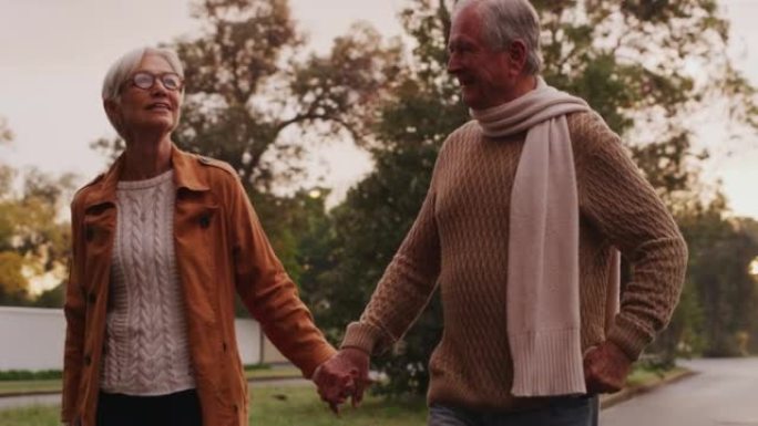 冬日，一对快乐的高级夫妇走在街上。微笑，恋爱中的老人男人和女人在户外牵手