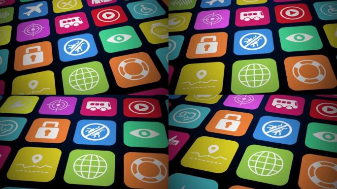 应用程序3d-带有应用程序图标集的监视器-移动设备屏幕上的应用程序符号集