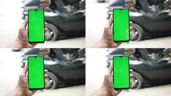 手持智能手机绿屏黑车遭车祸损坏