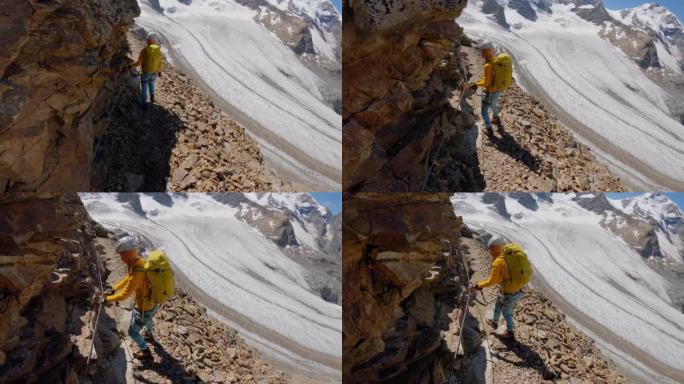 动作相机跟随Alpinist在冰川上方的攀登路线上移动。