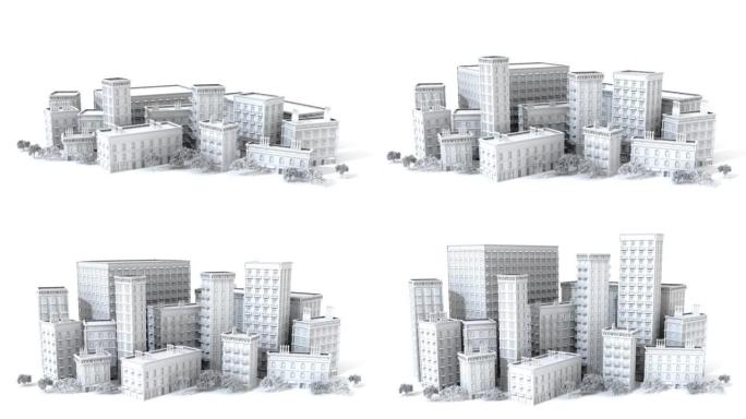 相机在带有周期性建筑的美丽城市周围飞行。3D渲染4K