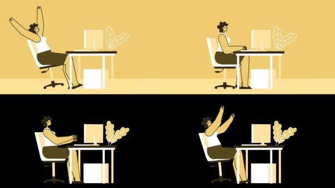 黄色风格的女人扁平的性格，电脑疲倦地打哈欠，在工作场所伸展。带有Alpha通道的孤立循环动画