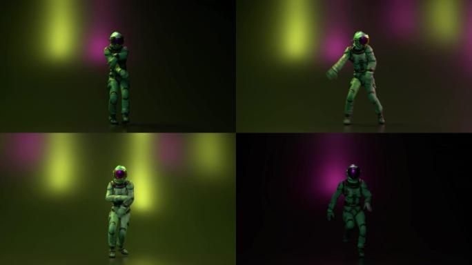舞蹈概念。一位戴着大镜子头盔的宇航员在夜总会跳舞。霓虹灯。无缝循环的3d动画