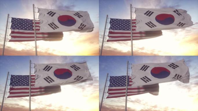 韩国国旗和美国国旗挂在旗杆上。韩国和美国在风中挥舞着国旗。韩国和美国的外交理念