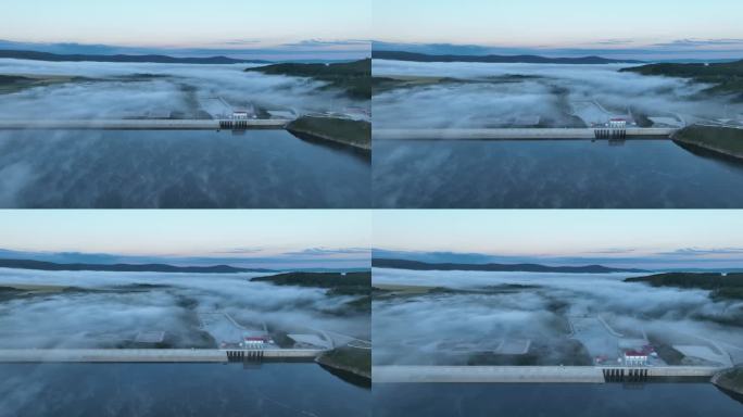 航拍晨雾缭绕的山谷水库