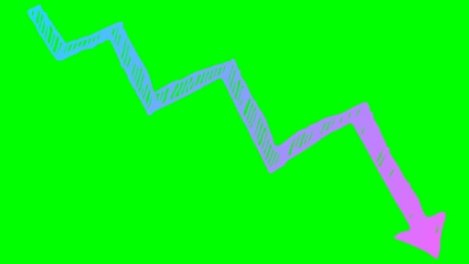 动画粉色和蓝色箭头。经济衰退图表。经济危机，衰退，下降图。利润下降。手绘矢量插图孤立在绿色背景上。