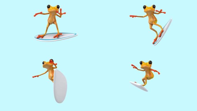 有趣的3D卡通青蛙冲浪与阿尔法频道