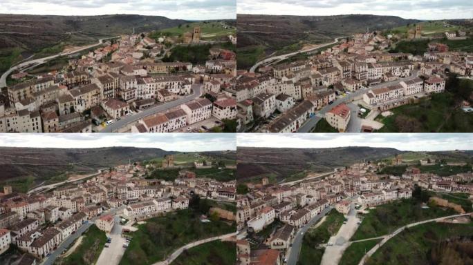 西班牙塞戈维亚省中世纪古镇塞普尔韦达的鸟瞰图。高质量4k镜头