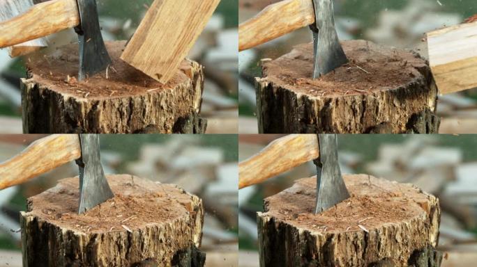 用斧头切碎木原木的超慢动作。