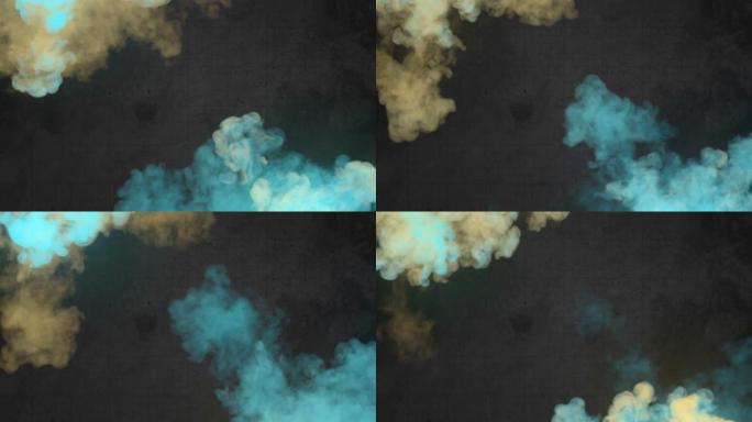 在旧的划痕表面上关闭蓝色和黄色的烟雾爆炸。数字循环动画。3d渲染高清