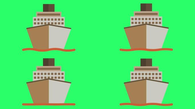 动画棕色游轮隔离在绿色背景。