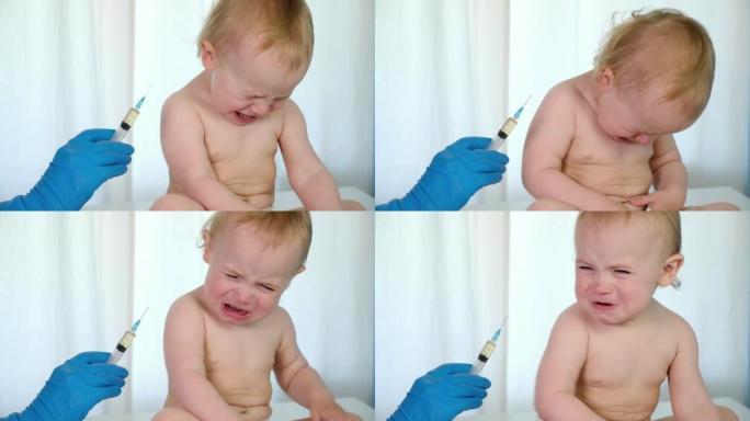 医生在诊所给哭泣的婴儿接种疫苗。小宝宝打针。儿科医生给新生婴儿接种疫苗。婴幼儿疫苗。儿童预防接种，儿