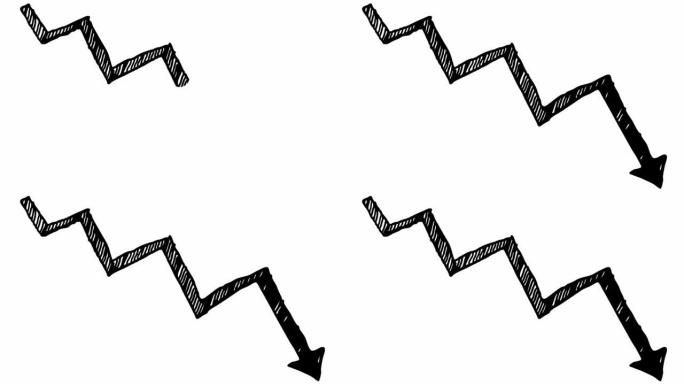 动画黑箭。经济衰退图表。经济危机，衰退，下降图。利润下降。手绘矢量插图孤立在白色背景上。
