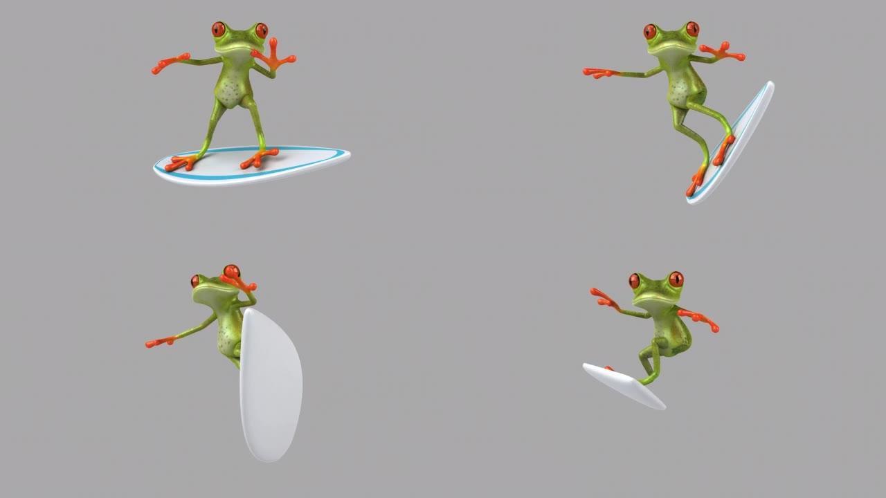 有趣的3D卡通青蛙冲浪与阿尔法频道
