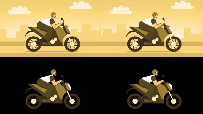 黄色风格的男人平字骑摩托车。带有Alpha通道的孤立循环动画
