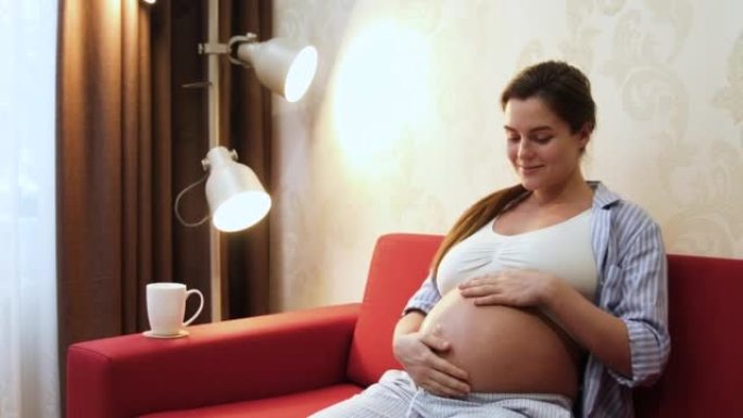 Pregnant woman sitting on the sofa at home