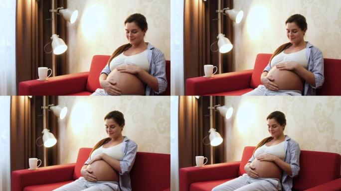 Pregnant woman sitting on the sofa at home