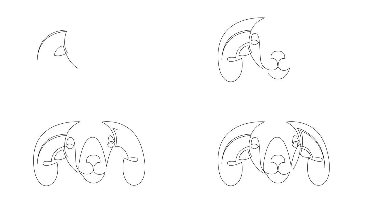 商业标志标识单连续线羊头自画动画。牧场图标的羔羊吉祥物标志概念。动画单线公羊头。