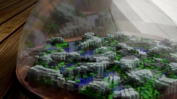 玻璃圆顶内由六角形瓷砖制成的小世界。等距视图。电子游戏风格。环境保护理念。3D渲染动画