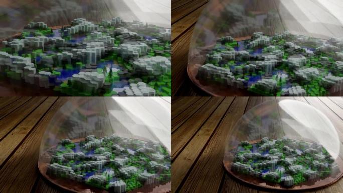 玻璃圆顶内由六角形瓷砖制成的小世界。等距视图。电子游戏风格。环境保护理念。3D渲染动画