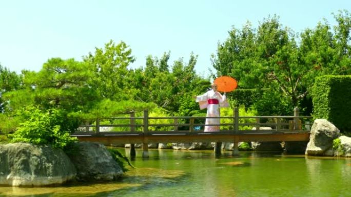 穿着和服的女人在池塘对岸的桥上的公园里散步