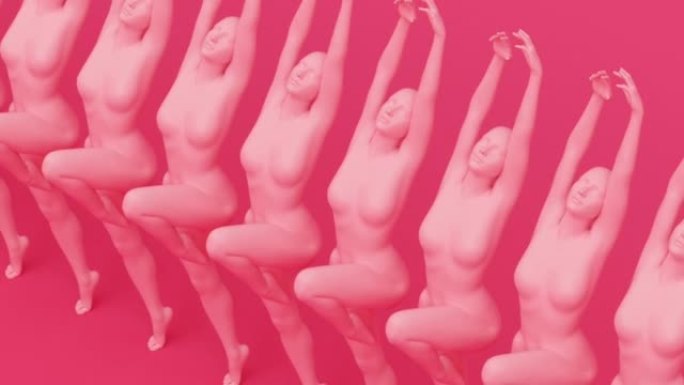 现代简约时尚的超现实3d渲染插图，摆出迷人的人体模型，人类年轻的角色雕像，粉红色的芭蕾舞女演员，优雅