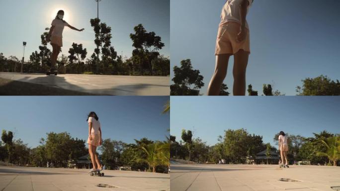 亚洲女孩在户外公园玩滑板，带着阳光，积极的生活方式理念。
